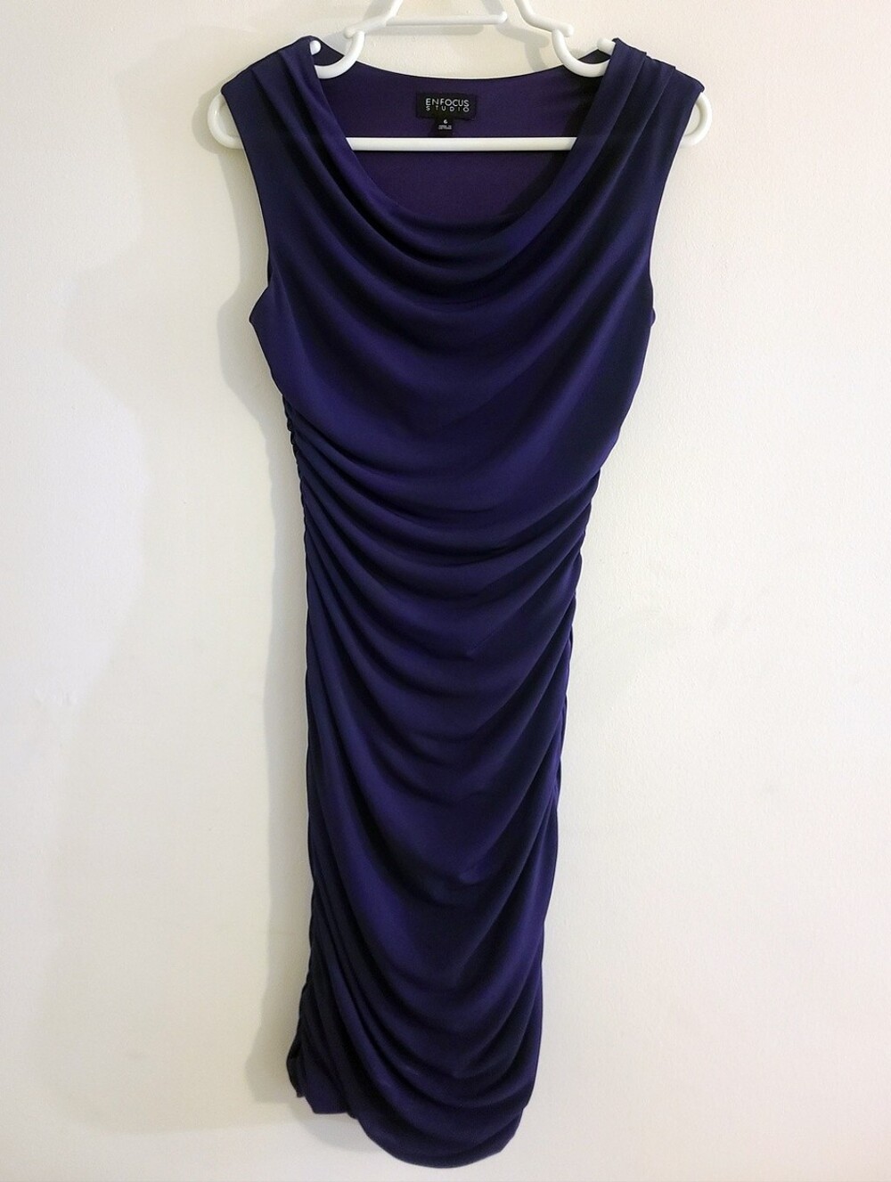 En Focus Studio - (Size 6) Plum Cowl Neck Ruched Sleeveless Women's Dress